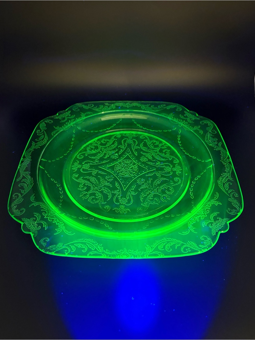 Vintage Uranium Glass Etched Serving Plate - Neon Green